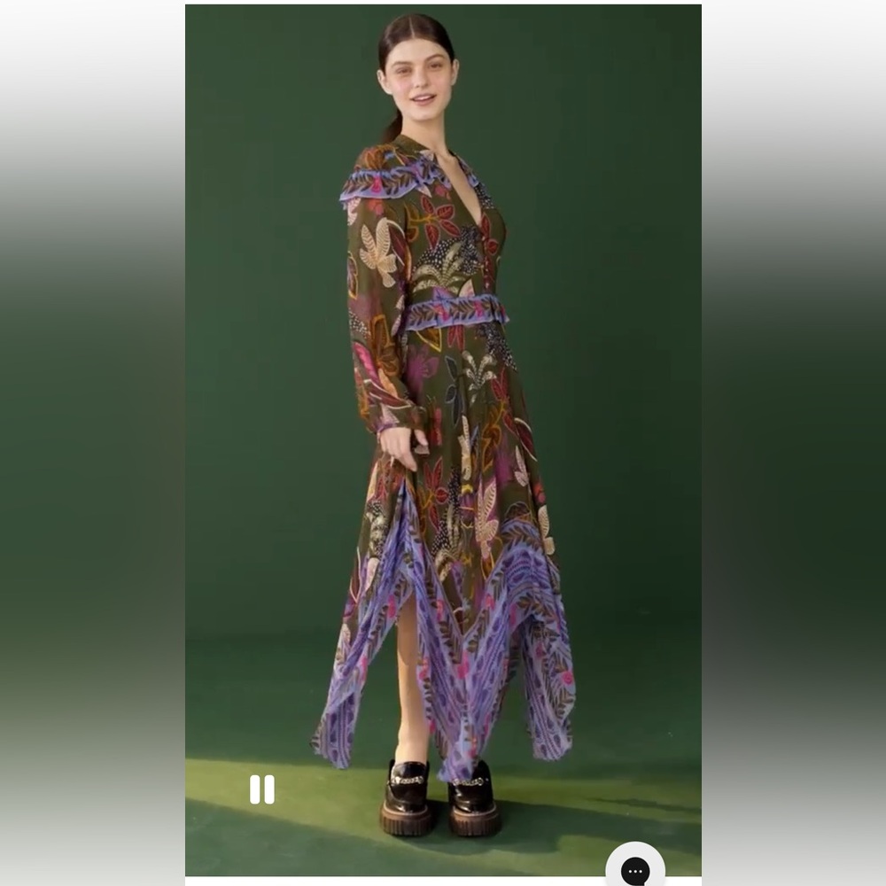 FARM Rio Green Wild Jungle Midi Dress with Purple and Pink Leaf Print NWT